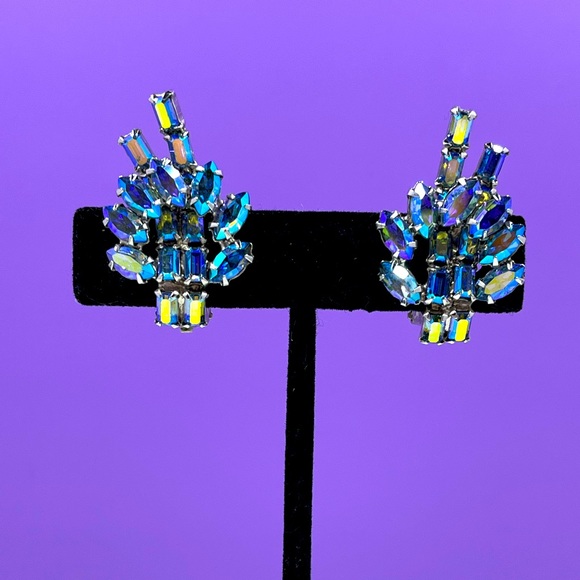 Continental Jewelry - Vintage Continental Signed Aurora Borealis Swarovski Crystal and Silver Clip Ons